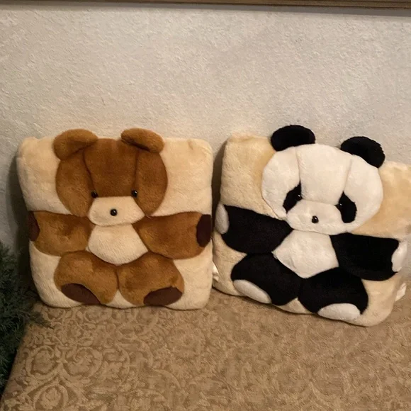 2 Vintage Teddy Bear and Panda Throw Pillows Cushion Decor